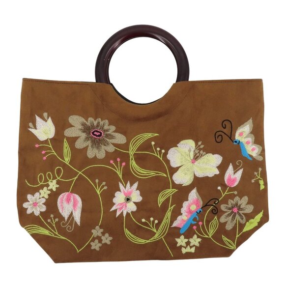 Handbags - Embroidered Flower Flower Butterfly Tan Faux Suede Wood Handle Tote Bag Handbag